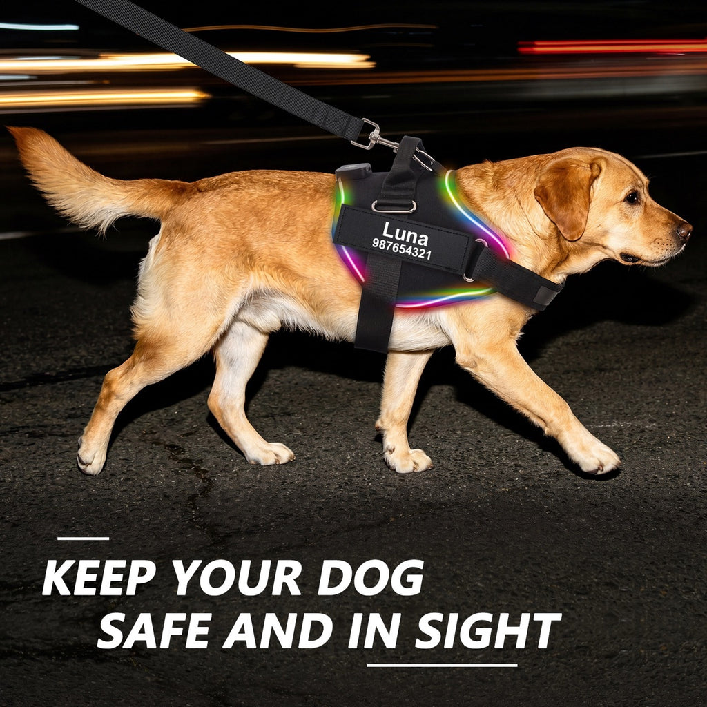 Personalized LED Light-Up Dog Harness with Custom Name & Phone Number